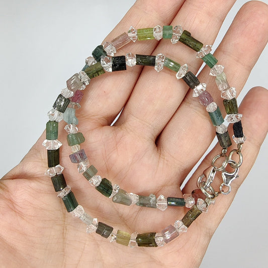 Turmalina multicolor y Cuarzo tipo Herkimer en pulsera